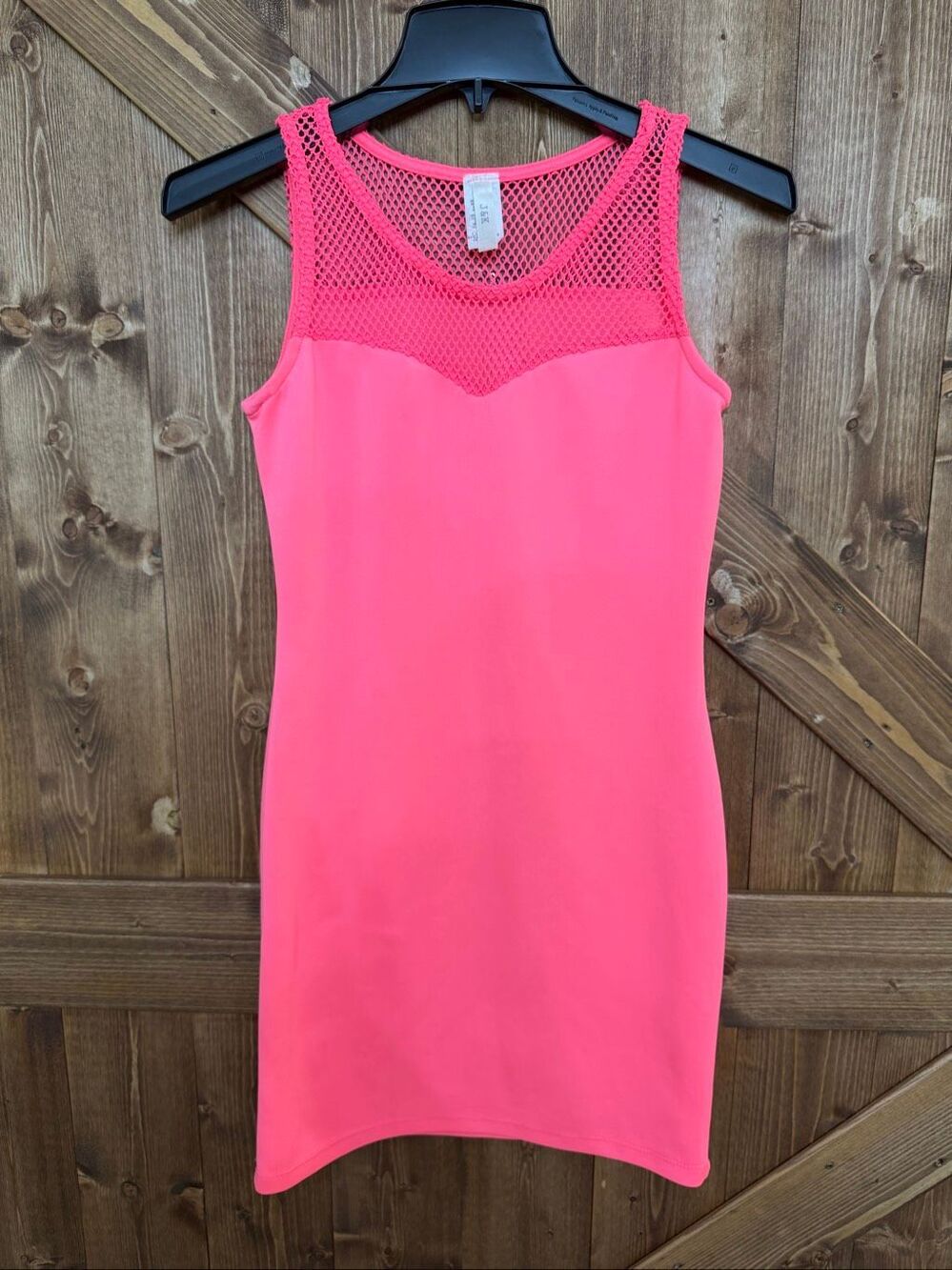 J&K Medium Neon Pink Bodycon Mini Dress Mesh Crochet Yoke USA Made(9358)
